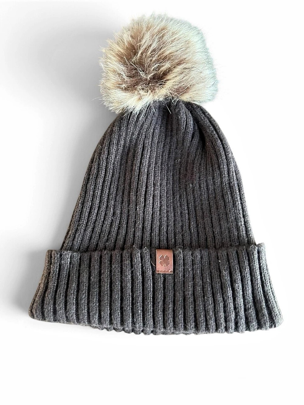 Lucky Brand Womens Black Ribbed Pom Beanie One Size Faux Fur Y2K Indie Sleeze